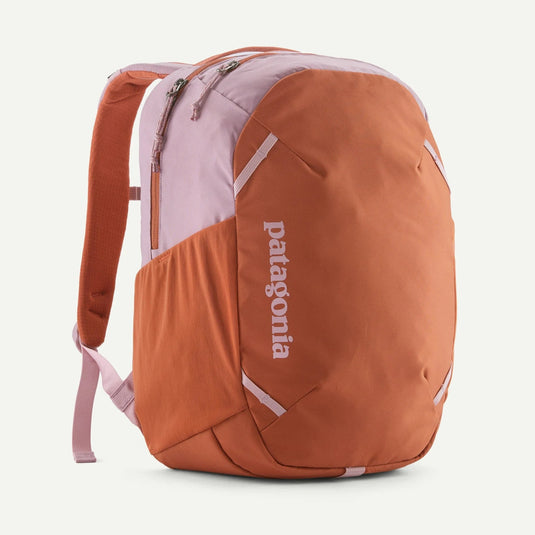 Orange and pink backpack with 'Patagonia' logo on a white background