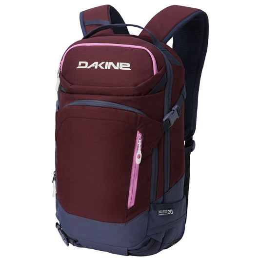 Maroon and navy backpack with pink accents on a white background