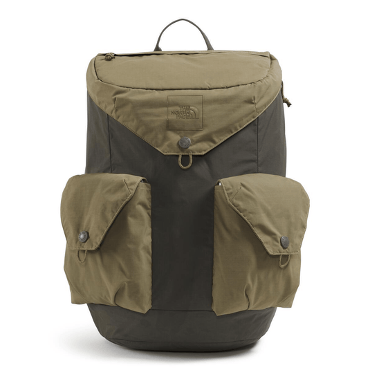 Green and brown backpack with The North Face logo on a white background
