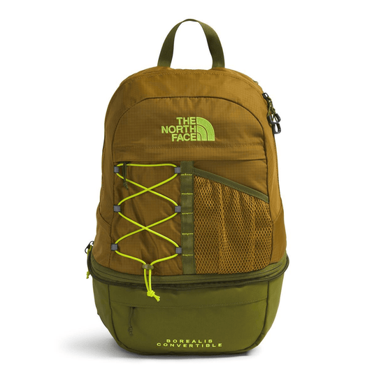 Green and brown backpack with The North Face logo on a white background