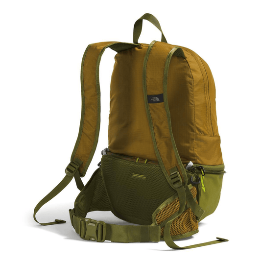 Green and brown backpack with The North Face logo on a white background