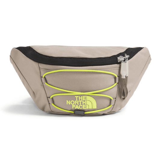 Beige waist bag with black zipper and green accents on a white background, featuring The North Face logo.